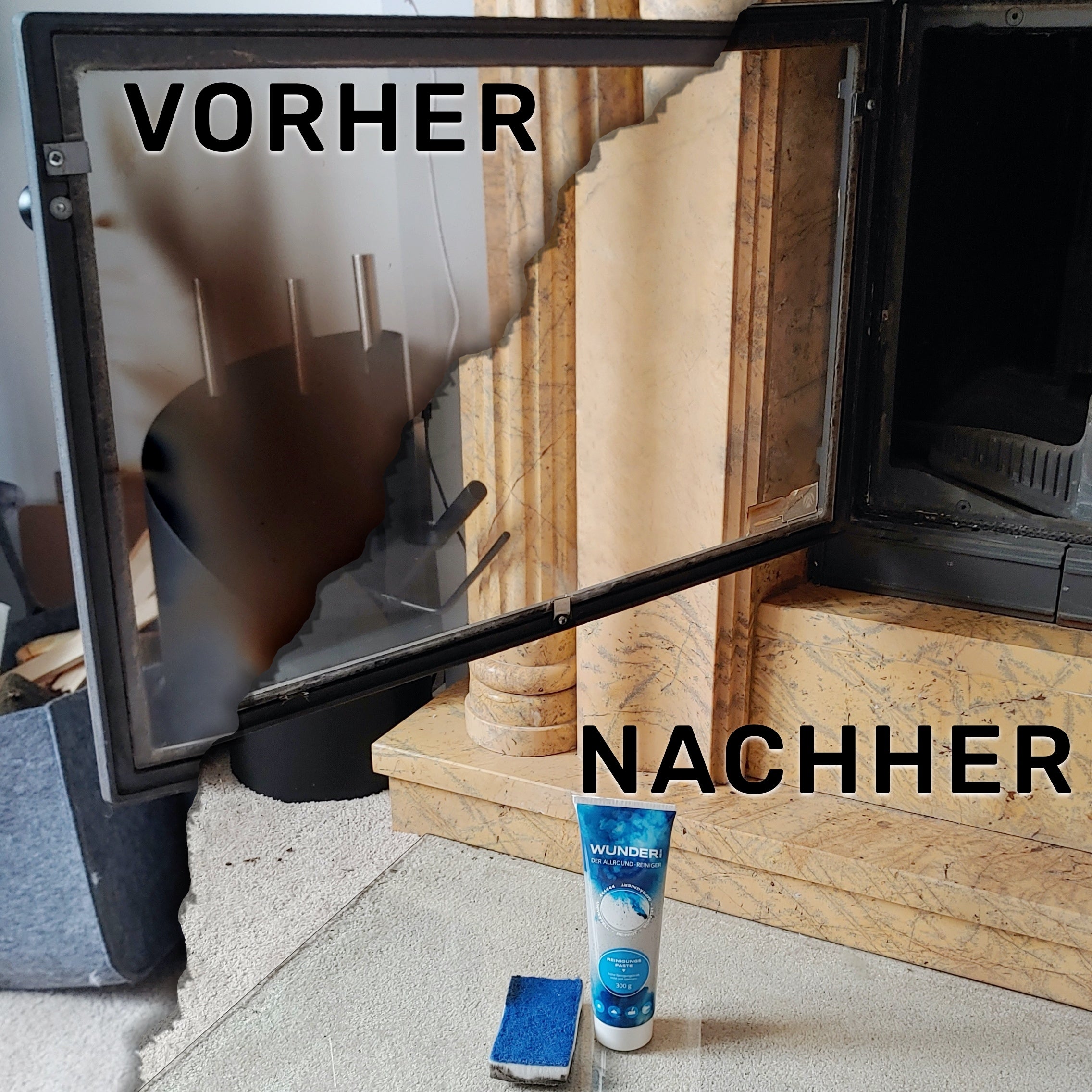 Keinen Durchblick mehr im Kamin? Mit WunderRein und dem Zauberradierer ist die Scheibe in kurzer Zeit wieder blitzsauber